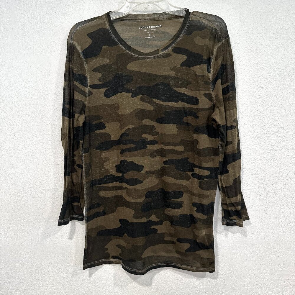 Lucky Brand Camo Pullover Top Semi Sheer Lightweight Stretch Long Sleeves Size L